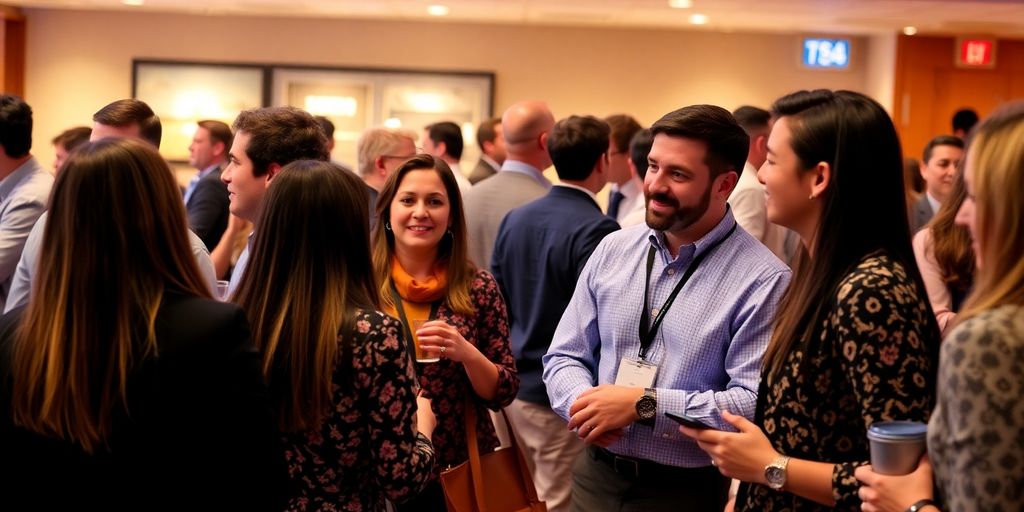 Diverse professionals networking at a lively business event.