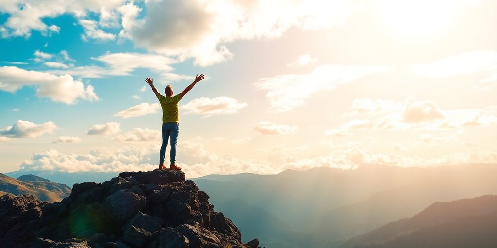 Person on mountain peak under bright sky, arms raised.