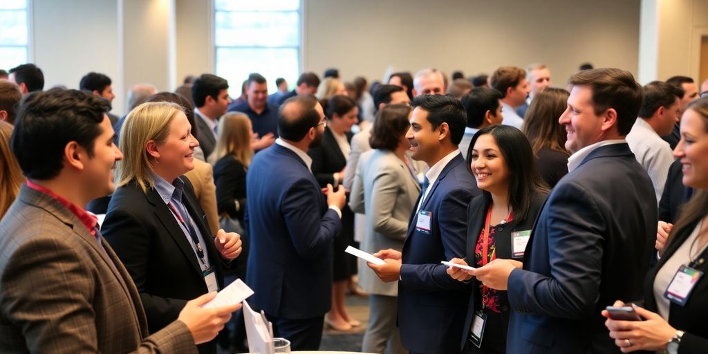 Diverse professionals networking at a lively event.