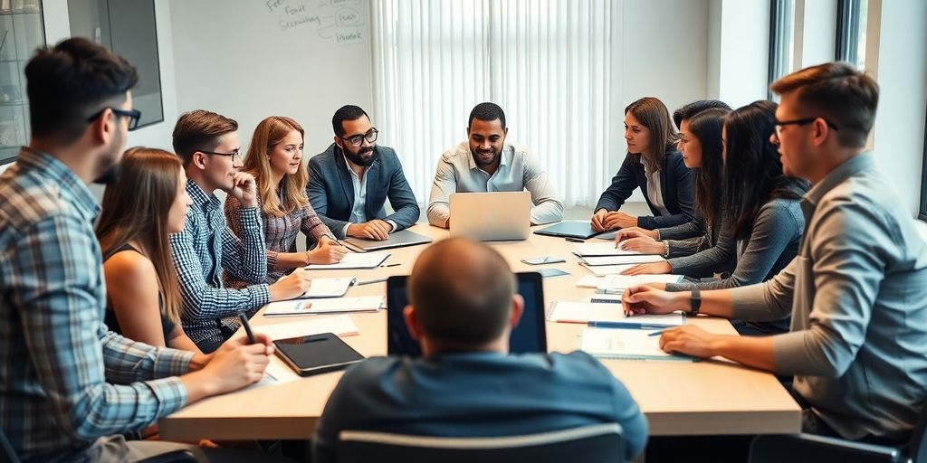 Diverse team collaborating in a business strategy meeting.