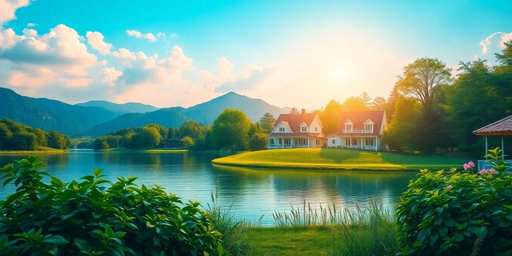 Lush landscape with home and lake, symbolizing financial freedom.