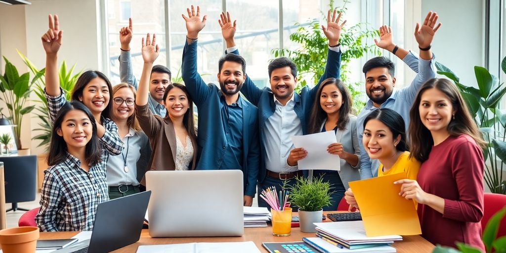 Diverse team celebrating success in a modern office.