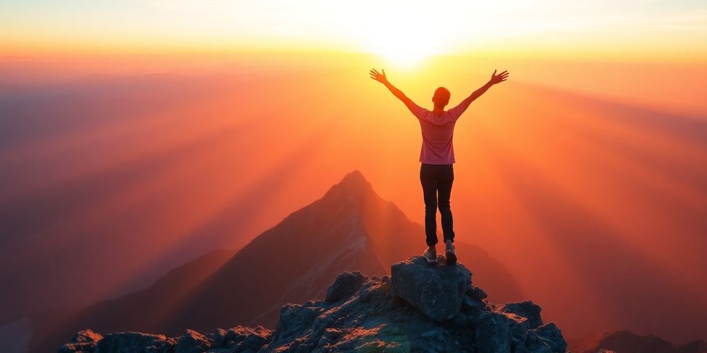 Person celebrating at a mountain peak during sunrise.