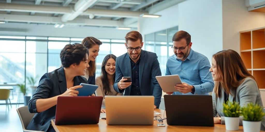 Team collaborating in a modern office setting.