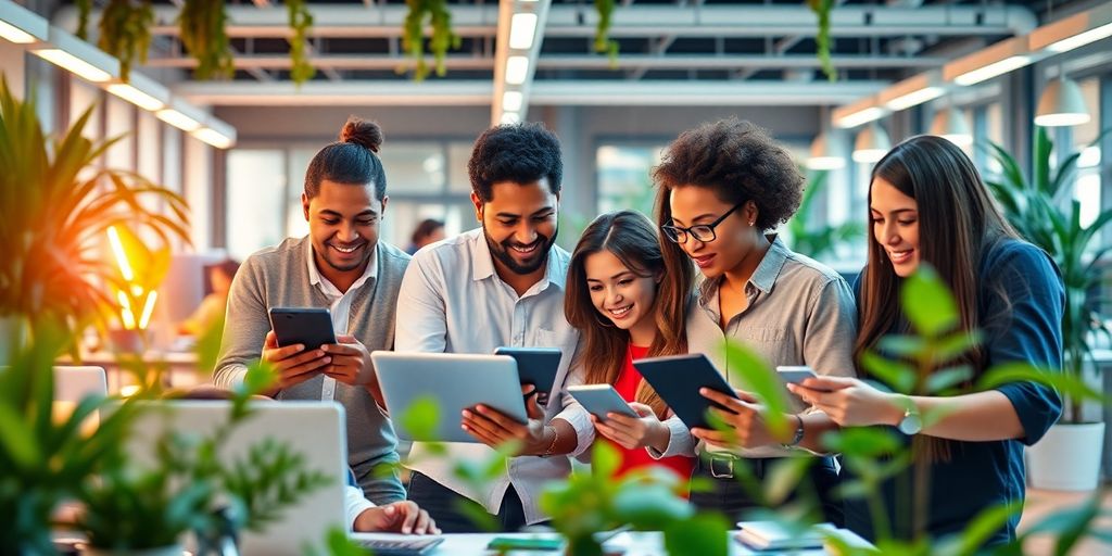 Diverse professionals collaborating in a modern office space.