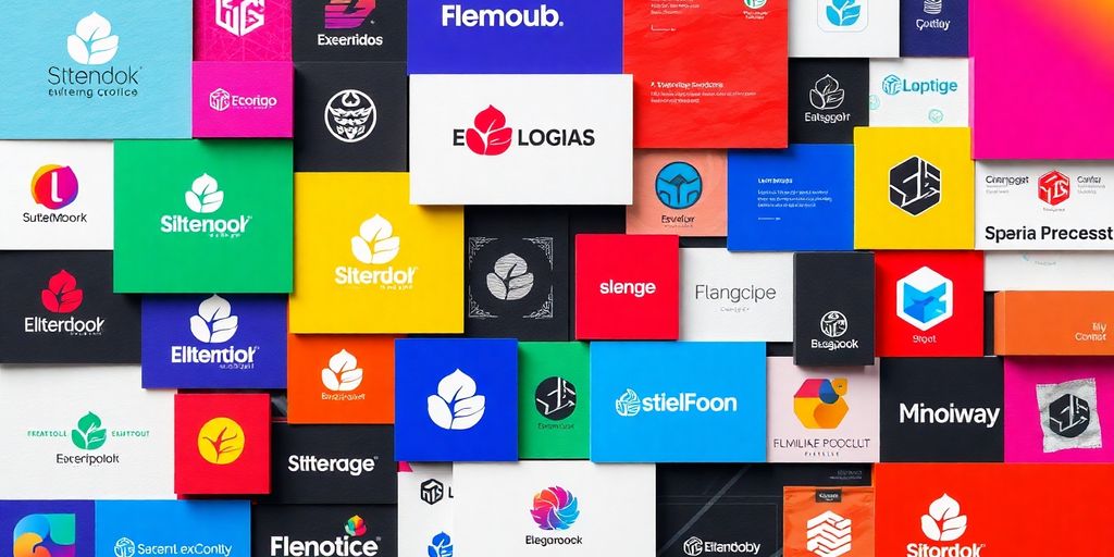 Colorful branding materials like logos and designs.