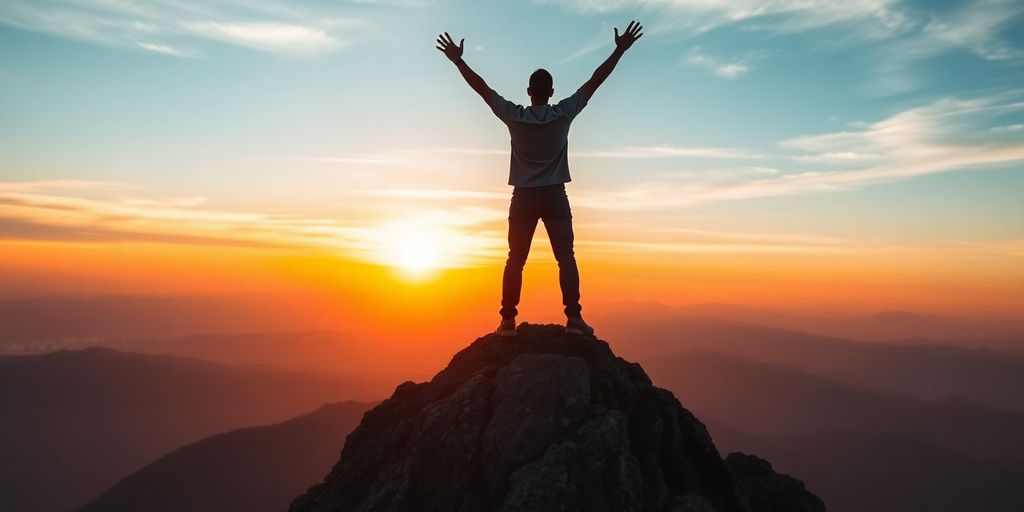 Person celebrating success on a mountain peak at sunrise.