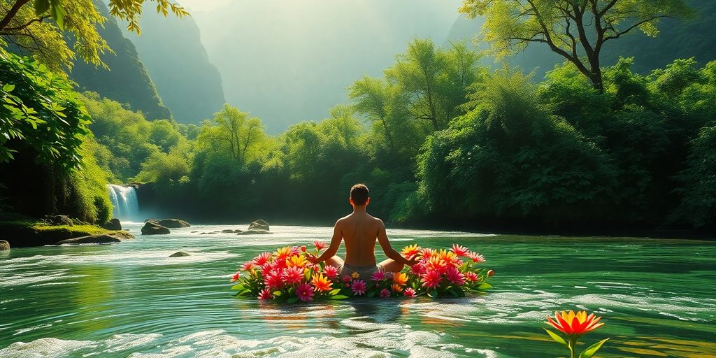 Person meditating in a serene, sunlit natural setting.