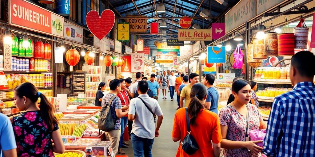 Colorful marketplace filled with diverse vendors and customers.