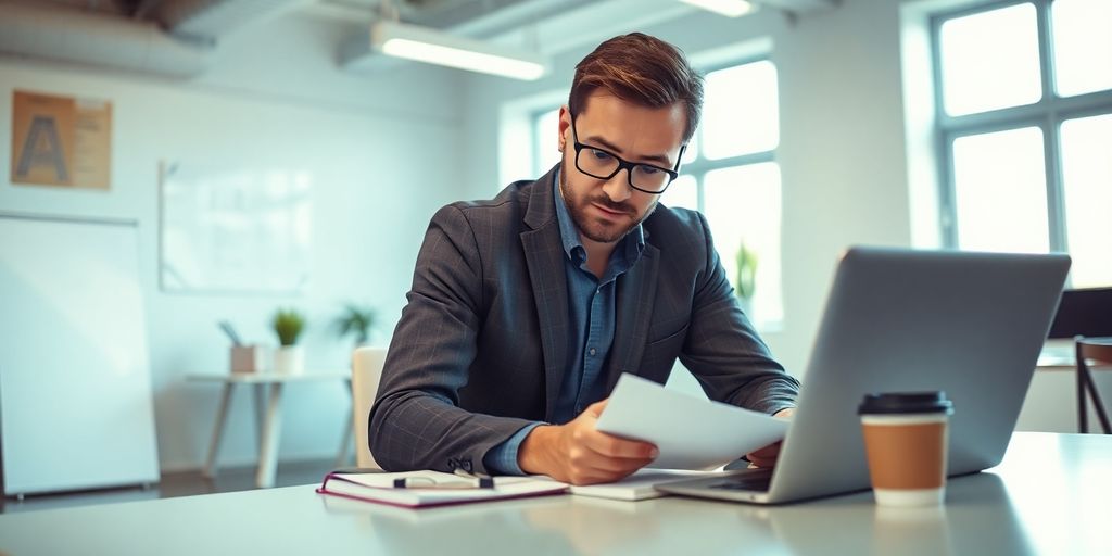 Entrepreneur planning business goals in a bright office.