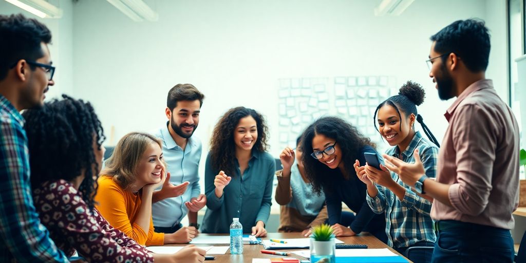 Diverse entrepreneurs collaborating in a bright, inspiring workspace.