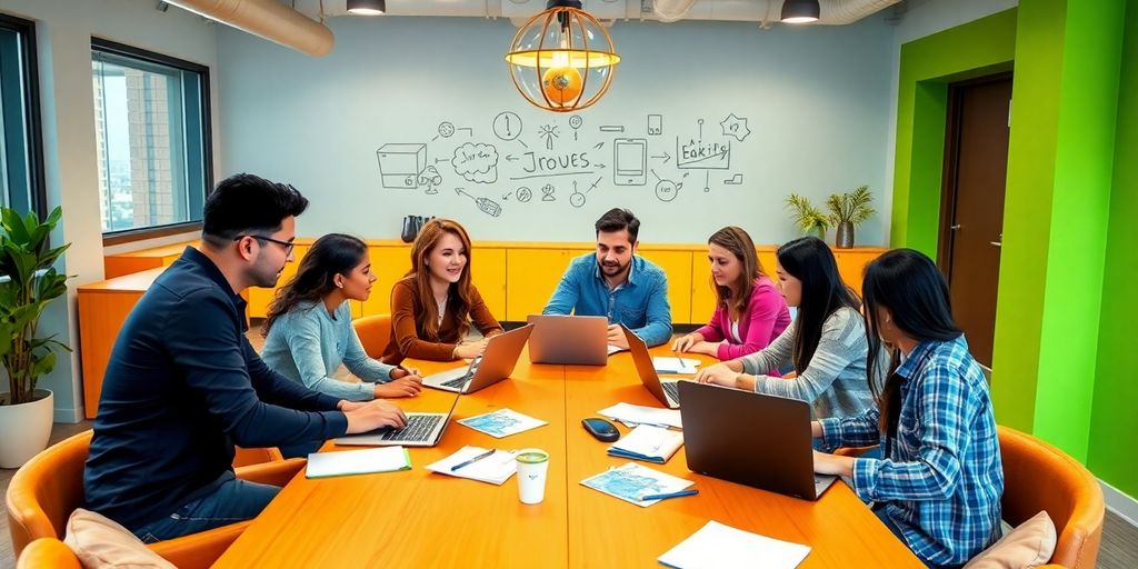 Diverse team collaborating in a bright, modern workspace.