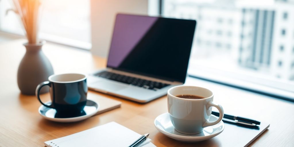 Professional workspace with laptop, notepad, and coffee cup.