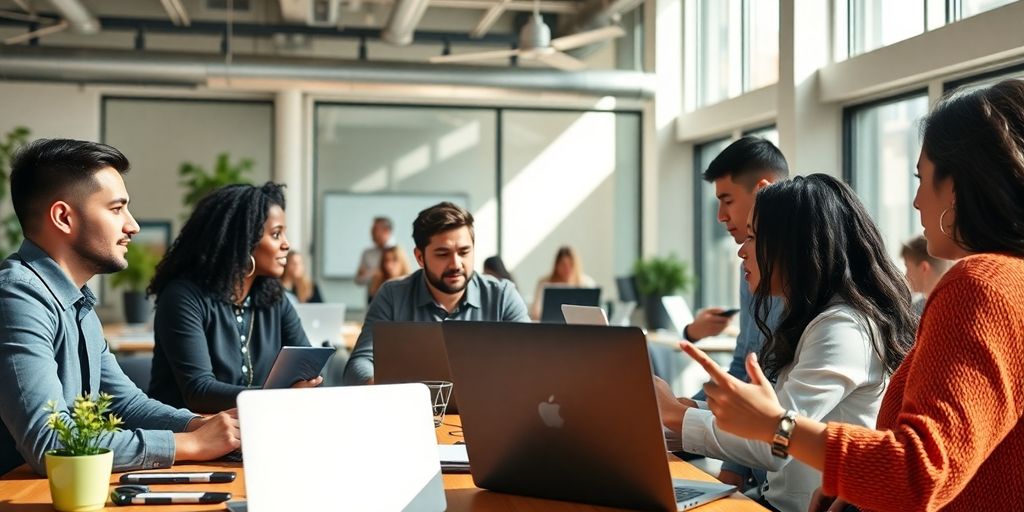 Collaborative workspace with diverse professionals engaging in discussion.