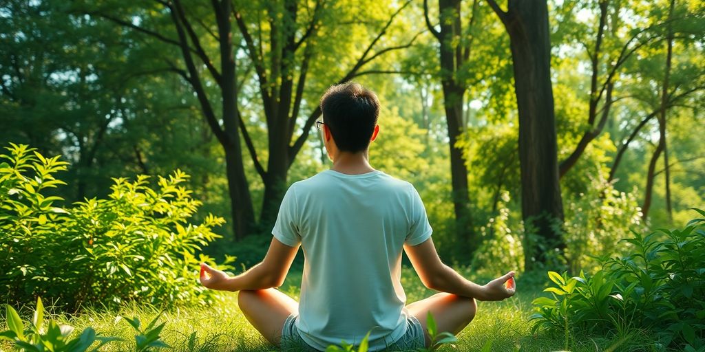 Person meditating in nature, surrounded by greenery and sunlight.