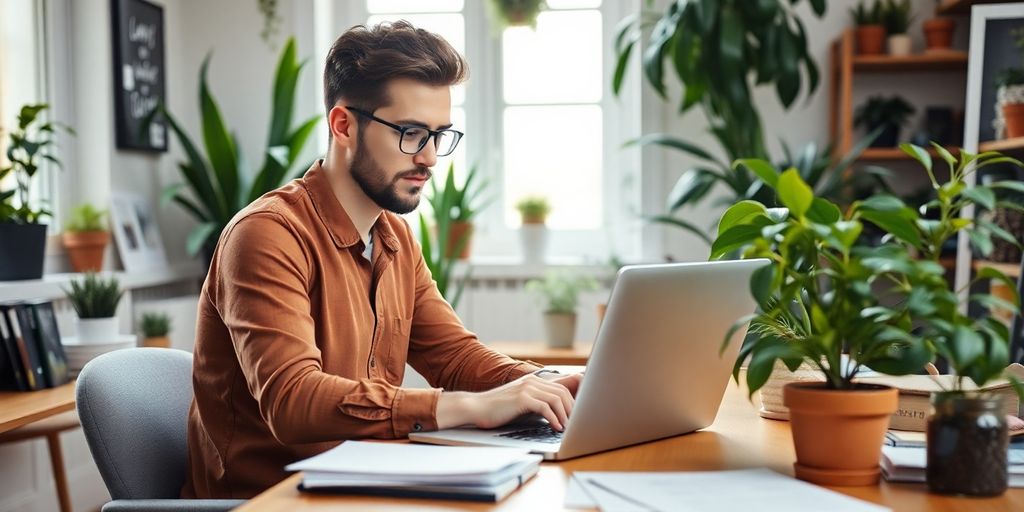 Entrepreneur working on a laptop in a cozy office.