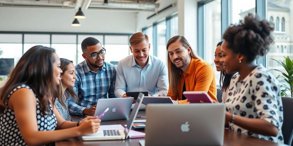 A group of entrepreneurs collaborating in a modern workspace.