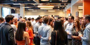 Diverse professionals networking at a lively business event.