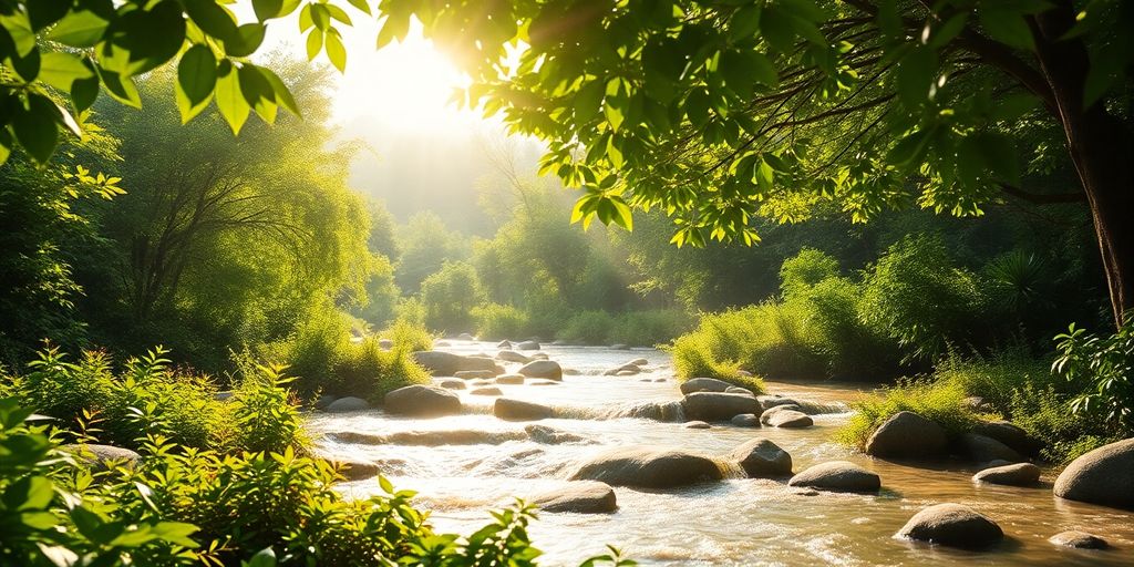 Serene landscape with greenery and flowing water, exuding abundance.