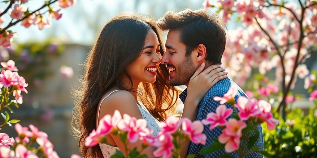 Couple smiling in a beautiful outdoor romantic setting.