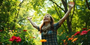 Person enjoying nature surrounded by greenery and sunlight.