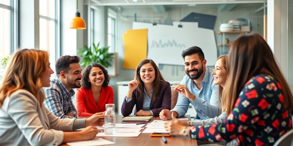 Diverse team collaborating in a modern office setting.