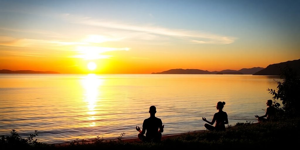 Meditating figures by a tranquil sunset landscape.