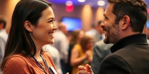 Two people networking with friendly expressions at an event.