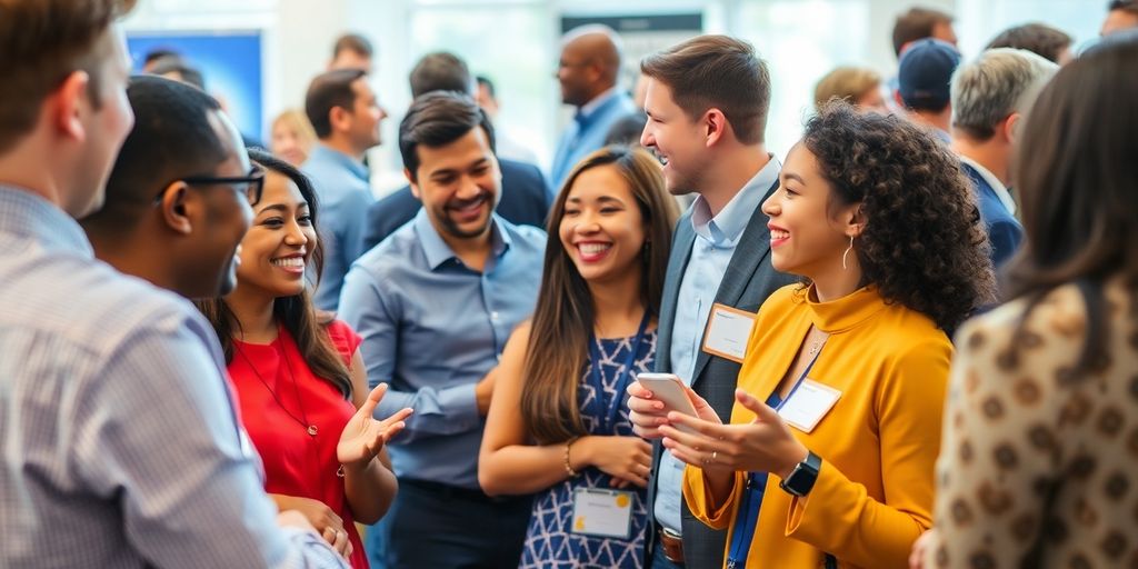 Professionals networking and connecting at a business event.