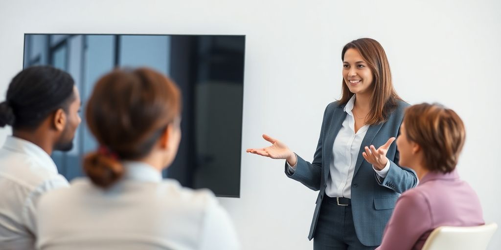 Business presentation with engaged audience in a professional setting.