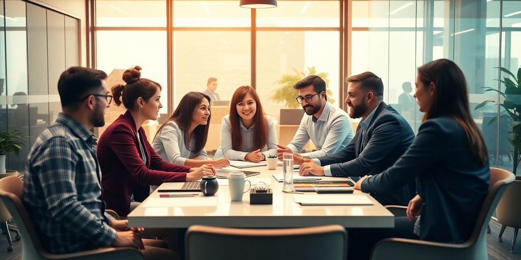 Business professionals collaborating in a modern office setting.