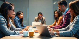 Diverse professionals in a meeting discussing strategic planning.