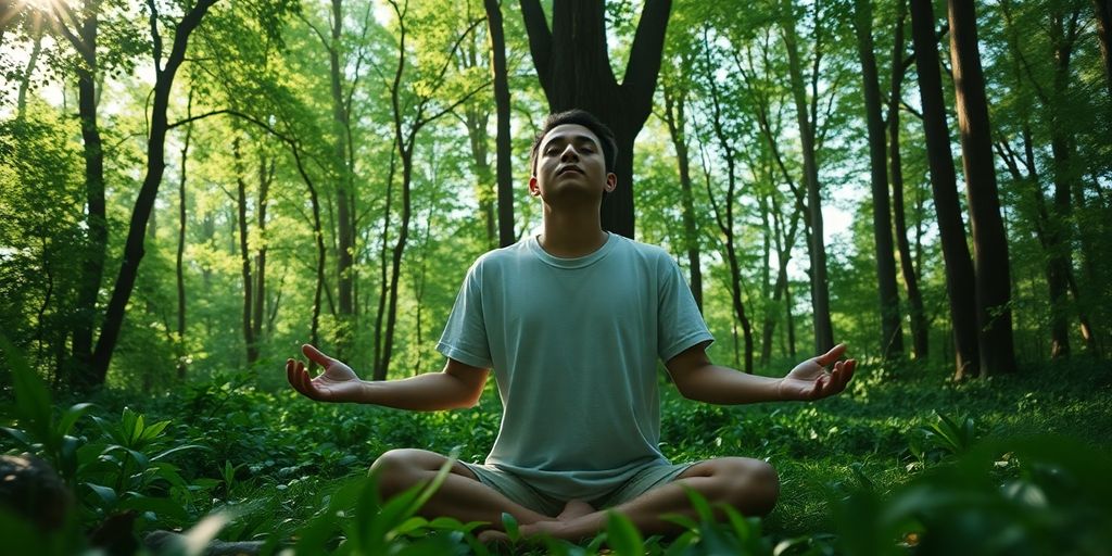 Person meditating in a sunlit forest, surrounded by nature.