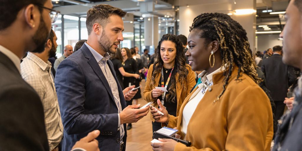 Diverse professionals networking at an event, exchanging ideas.