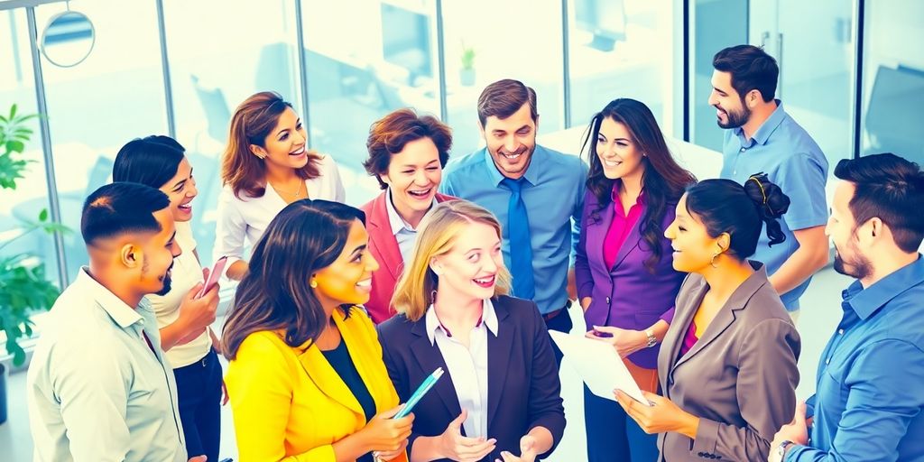 Diverse professionals networking in a modern office setting.