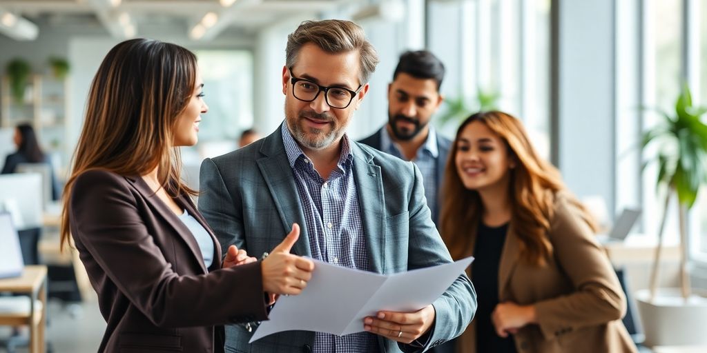 Business leader collaborating with diverse team in a modern office.